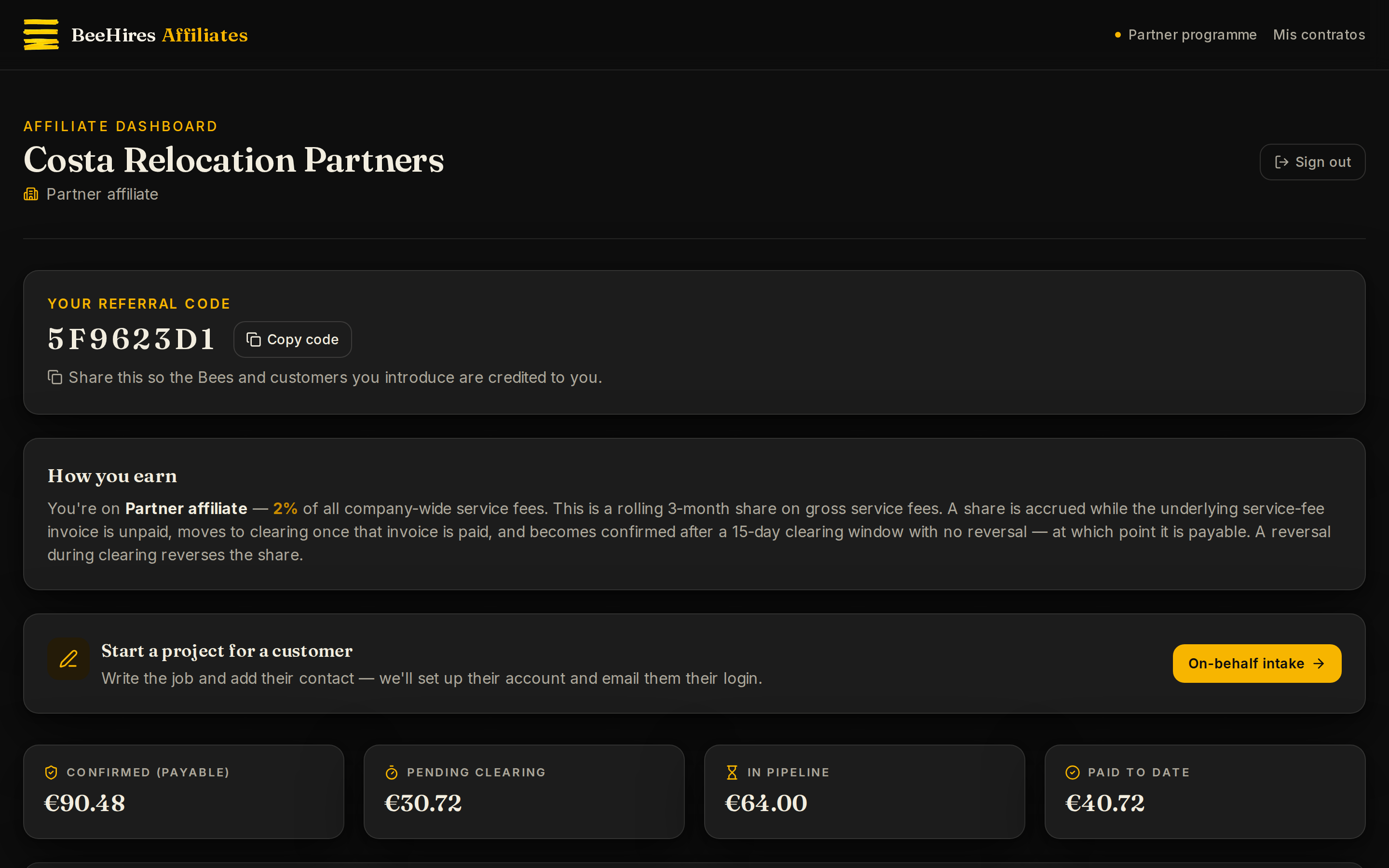 Your portal — pending-clearing and confirmed balances at a glance.